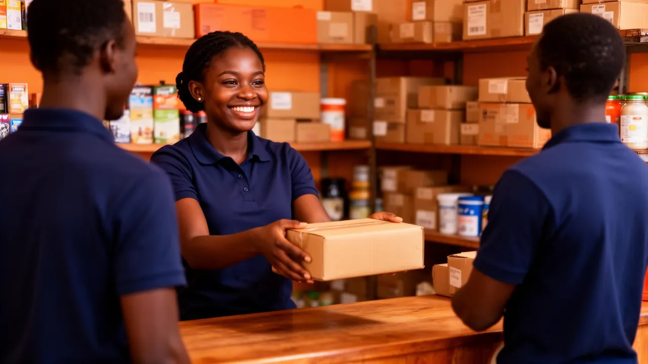 Pickup and drop-off point interaction showing parcel handover in a premium fulfillment network setting.